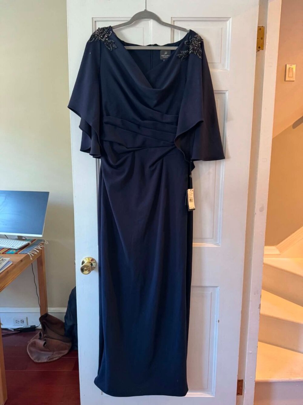 Adrianna Papell flutter sleeve dark navy gown